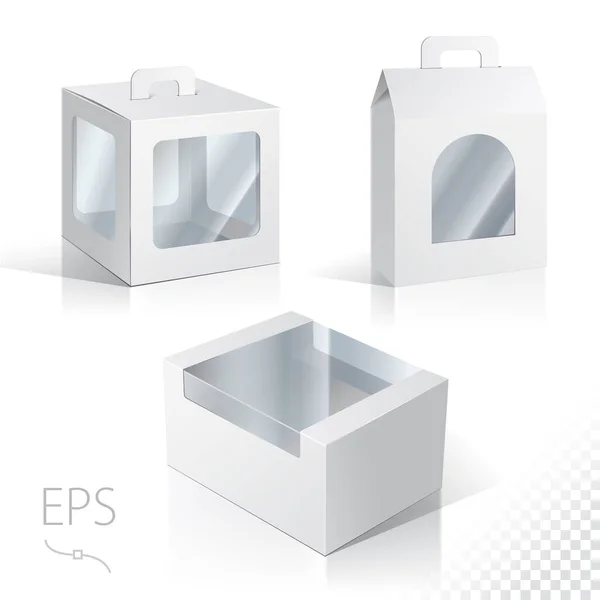 透明プラスチック窓付きカートンまたはプラスチックブランクパッケージボックス 白を基調としたイラスト デザインの準備をしてください 製品梱包ベクトル — ストックベクタ