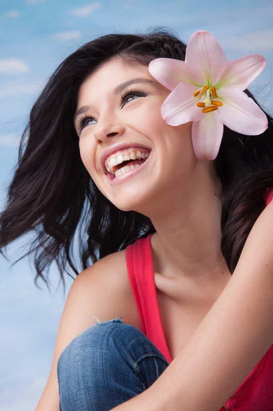 Young Laughing Girl Lilium — Stock Photo, Image