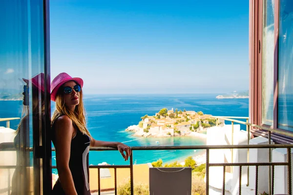 Girl in Red Hat Panorama Sveti Stefan Montenegro