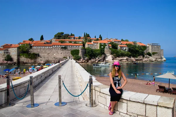 Girl in Red Hat Panorama Sveti Stefan Montenegro