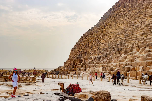 Ragazza vicino al cammello e la piramide al Cairo, Egitto — Foto Stock