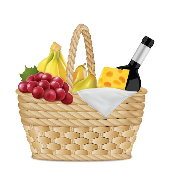 Picknickkorg med vin, druvor, bananer, ost, päron, servett. Vektorillustration — Stock vektor