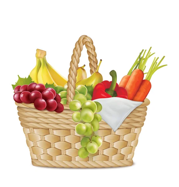 Autumn basket with, grapes, a branch of bananas, pears, peppers, — Stock Vector