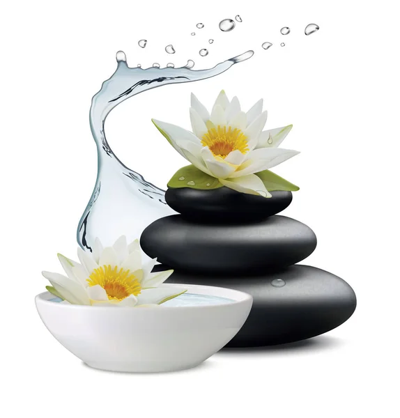 Flores de lirio de agua y piedra zen, tazón con agua en el respaldo blanco — Vector de stock