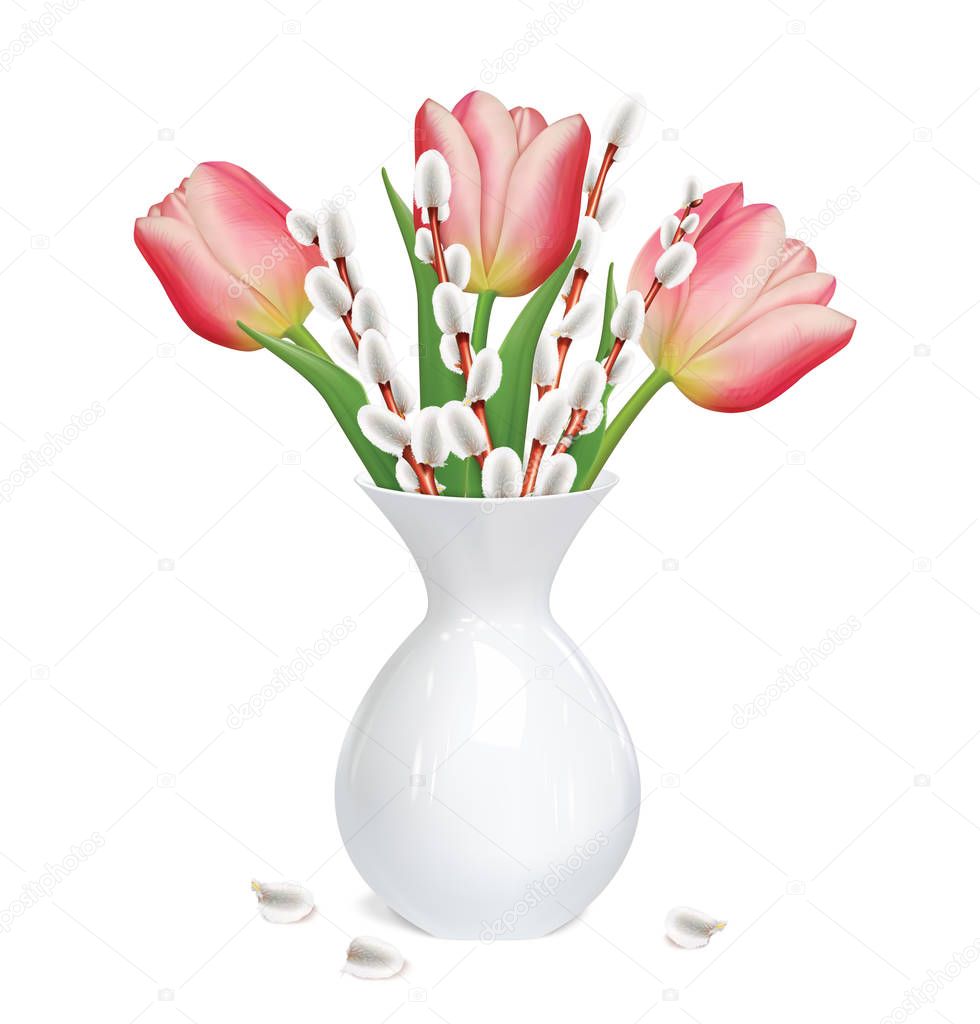 Willow twigs, tulips in white vase. Vector illustration