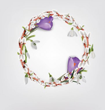 Çelenk willow twigs, Çiğdem, kardelen yaptı. Vektör çizim