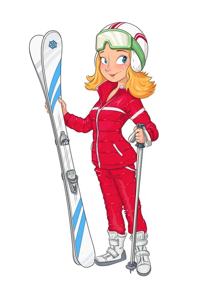 Belle fille en casque avec ski de montagne. Le sport — Image vectorielle