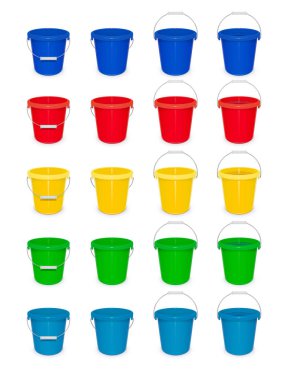 Blue plastic empty bucket with handle for cleaning and housekeeping. Set clipart