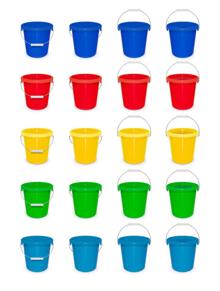 Blue plastic empty bucket with handle for cleaning and housekeeping. Set