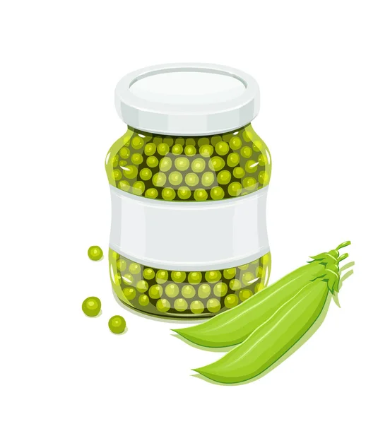 Glass jar with greeen peas and pods — Stock Vector