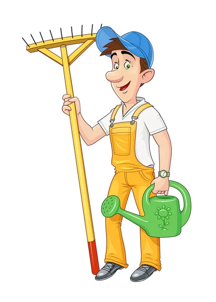 园丁用耙子和喷壶。工作职业. — 图库矢量图片