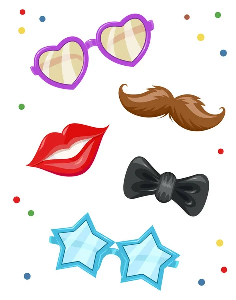 Γυαλιά, μουστάκι, χείλος, παπιγιόν. Μάσκες για πάρτι γενεθλίων. — Διανυσματικό Αρχείο