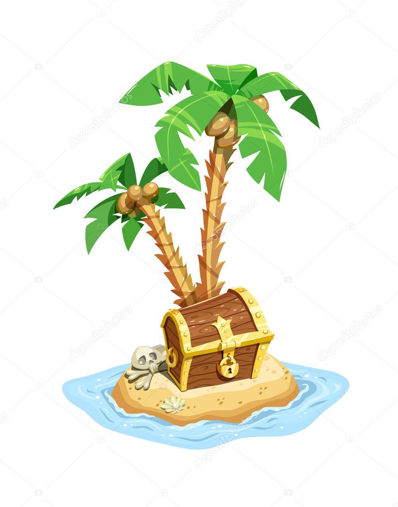 Pirates treasure island with chest and palms.
