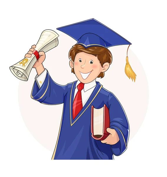 Estudiante en traje de graduado con diploma y libro — Vector de stock