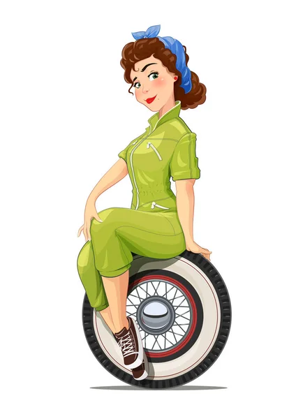 Girl automechanic with vintage car wheel. — Stock Vector