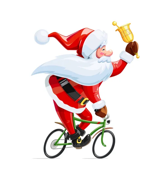 Santa claus with bell at bicycle. Christmas cartoon character. — Stock Vector