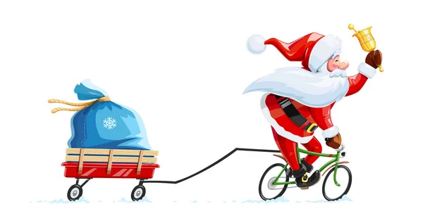 Santa claus with bell at bicycle. Christmas cartoon character. — Stock Vector