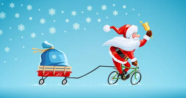 Santa claus with bell at bicycle. Christmas cartoon character. — Stock Vector