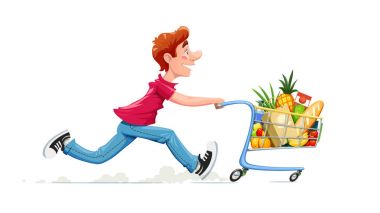 Ürün sepeti ile çalışan çocuk. Süpermarkette alışveriş.