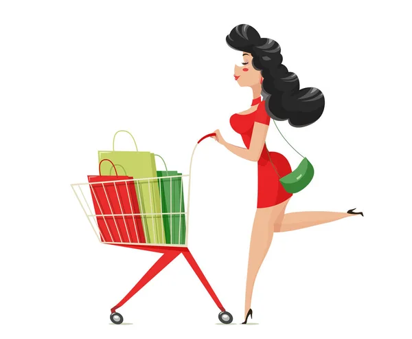 Faire du shopping. Fille avec chariot de supermarché . — Image vectorielle