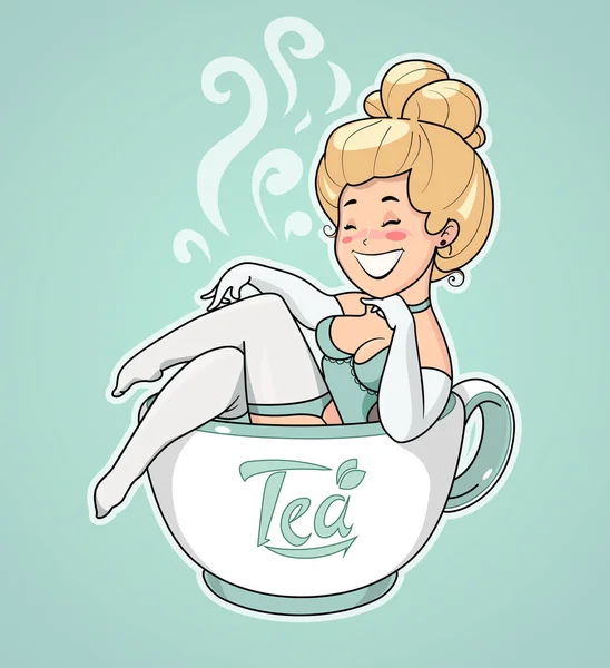 Красивая девушка сидит в чашке чая. Персонаж мультфильма для кафе . — стоковый вектор