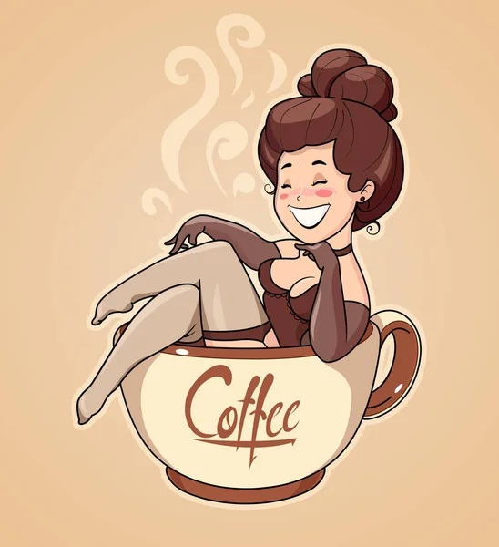 Belle fille assise dans une tasse de café. Caractère de bande dessinée pour café . — Image vectorielle