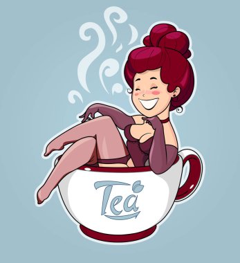 Güzel kız oturup çay Kupası'nda. Çizgi film karakteri için kafe.