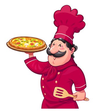 Pizza yemek. Geleneksel İtalyan yemekleri. Çizgi film karakteri