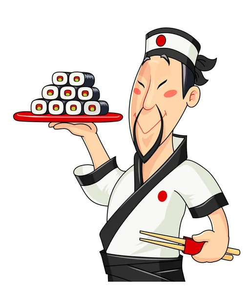 Japanese cook with sushi. Traditional food. Profession — Stock Vector