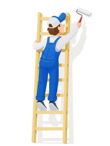Maler an der Treppe bemalt Wand. Zeichentrickfigur. Menschen — Stockvektor