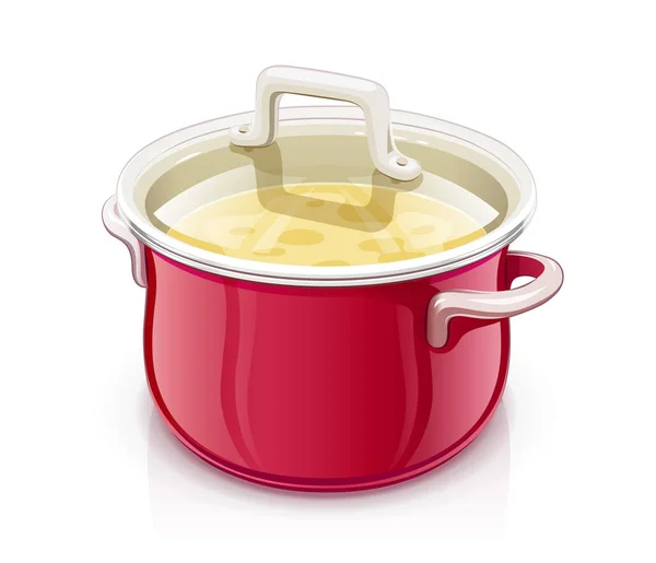 Casserole rouge avec couvercle. Vaisselle de cuisine . — Image vectorielle