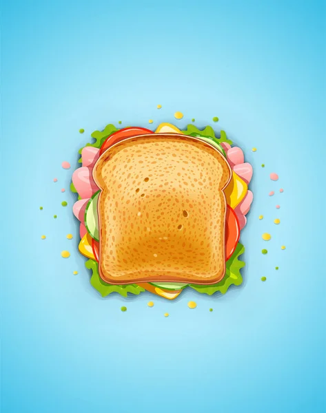 Sandwich. Gebakken brood met spek, tomaat, komkommer, kaas. — Stockvector