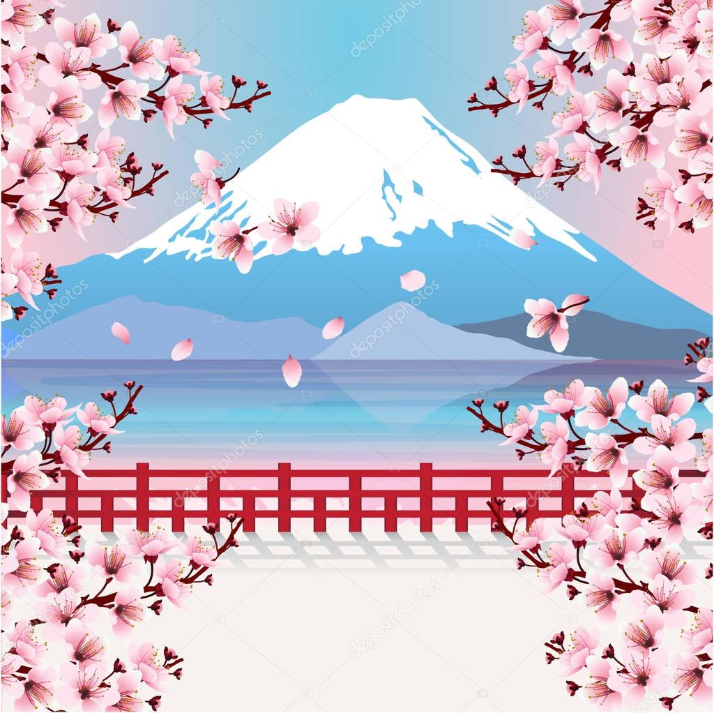 mountain with cherry blossom flowers
