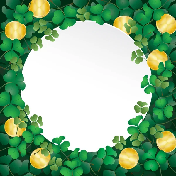 白い円の紙は 黄金のコインとシャムロックの葉と呼ばれるグリーンのクローバー背景にコピー スペースとしてスタイルをカットしました 聖パトリックの日の背景 ベクトル図 — ストックベクタ