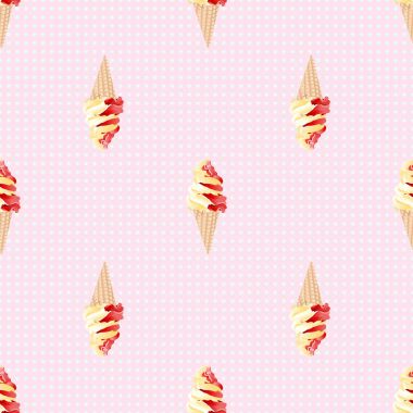 Beyaz puantiyeli ve pembe bir arka plan üzerinde dondurma külah. Dikişsiz desen arka plan. Vektör çizim.