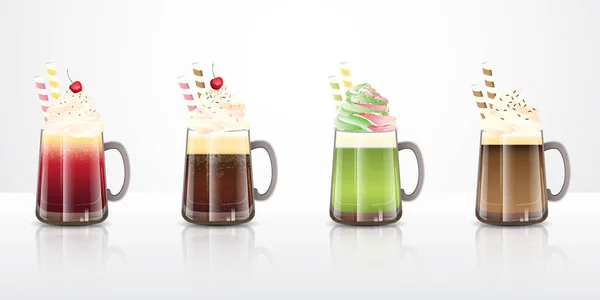 Collection Recettes Boissons Flottantes Crème Glacée Dans Des Tasses Verre — Image vectorielle