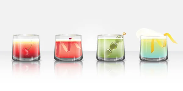 Conjunto Cócteles Tropicales Burlas Jugos Vasos Claros Con Reflejos Ilustración — Vector de stock