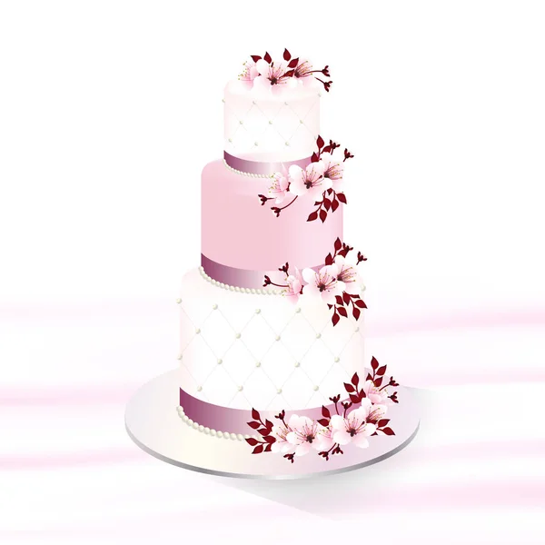 Традиційний Білий Ярусний Весільний Торт Прикрашений Солодкими Рожевими Квітками Вишні — стоковий вектор