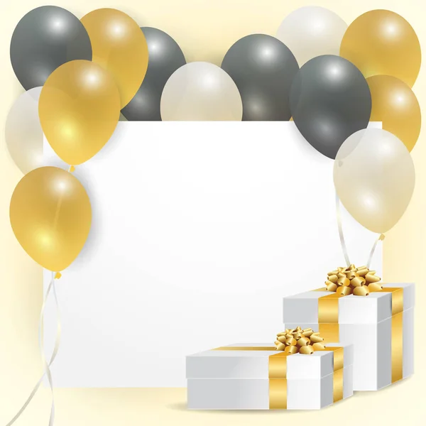 Cartão vazio para redação decorado com balões e caixas de presente de fita de ouro — Vetor de Stock