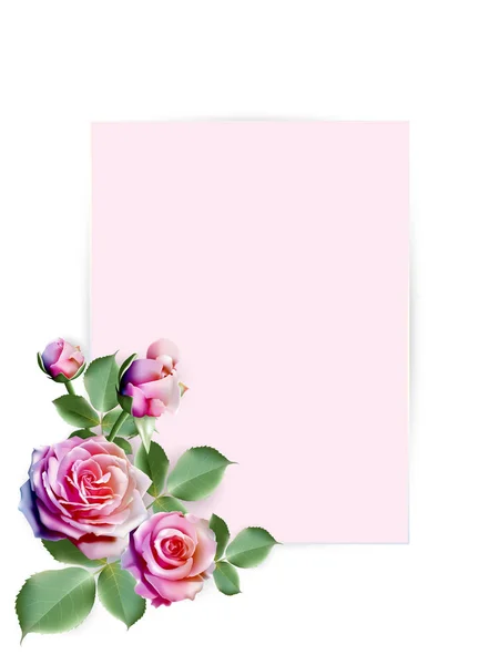 Papel Rosado Dulce Para Texto Decorado Con Coloridas Rosas Arco — Vector de stock