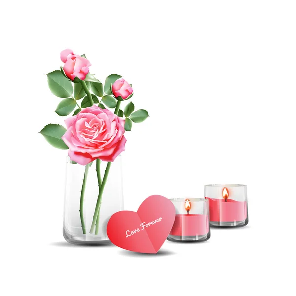 Rosas rosa em vidro transparente com cartão de forma de coração e velas —  Vetores de Stock