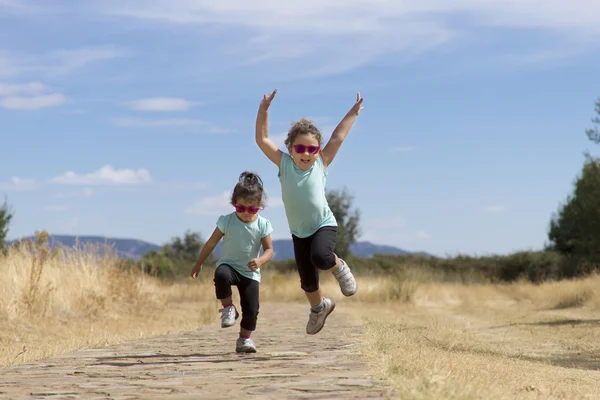 Lovely twins jumping along path in countryside — Stock Photo, Image