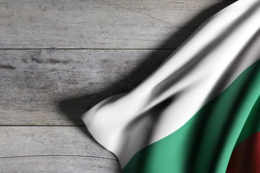 Bulgaristan bayrak sallayarak ahşap arka plan üzerinde 3D render