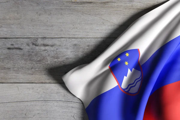 3D visszaadás-ból egy szlovén zászló integet a fából készült háttér — Stock Fotó