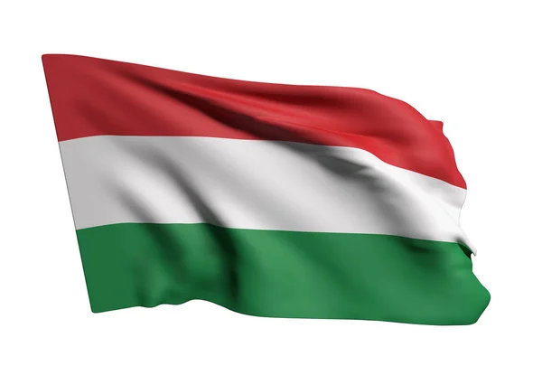 3D изображение флага Венгрии, размахивающего на белом фоне — стоковое фото