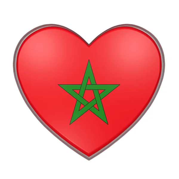 Τρισδιάστατη απεικόνιση του μια σημαία του Μαρόκου σχετικά με μια καρδιά. Λευκό φόντο — Φωτογραφία Αρχείου