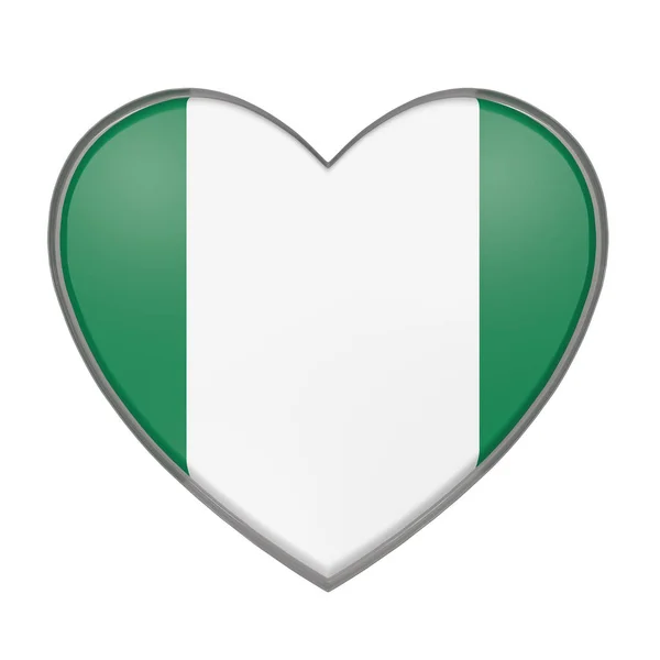 3d rendering di una bandiera nigeriana su un cuore. Fondo bianco — Foto Stock