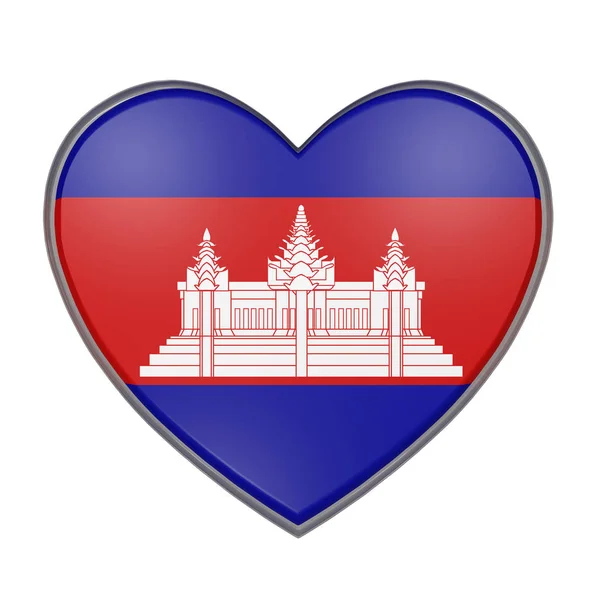 3D representación de una bandera de Camboya en un corazón. Fondo blanco — Foto de Stock