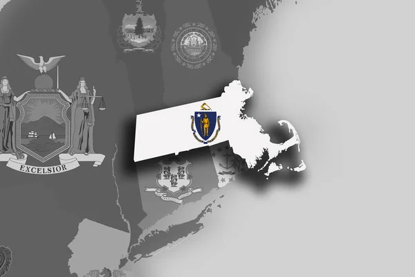 Massachusetts karta och flagga — Stockfoto