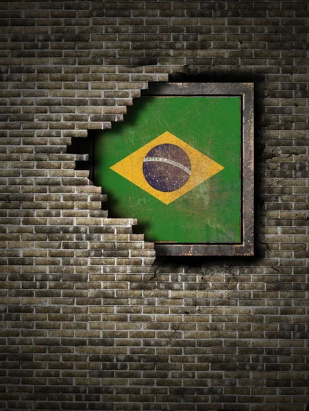 旧巴西国旗在砖墙上 — 图库照片